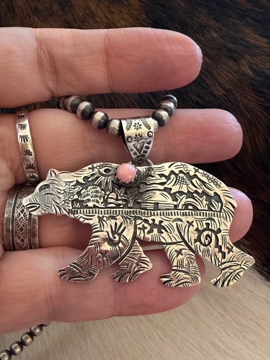 Hand Crafted Jewelry - ❤️ Queen Pink Conch Sterling Hand Stamped Statement WALKING BEAR Pendant 2.35”W
